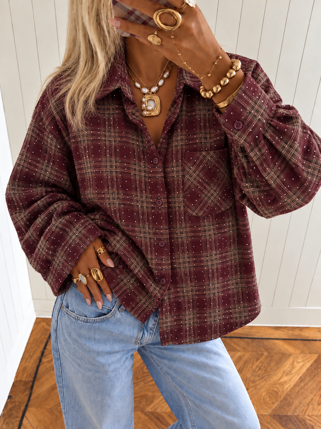 STELLA Glitter Check Blouse (Bordeaux)