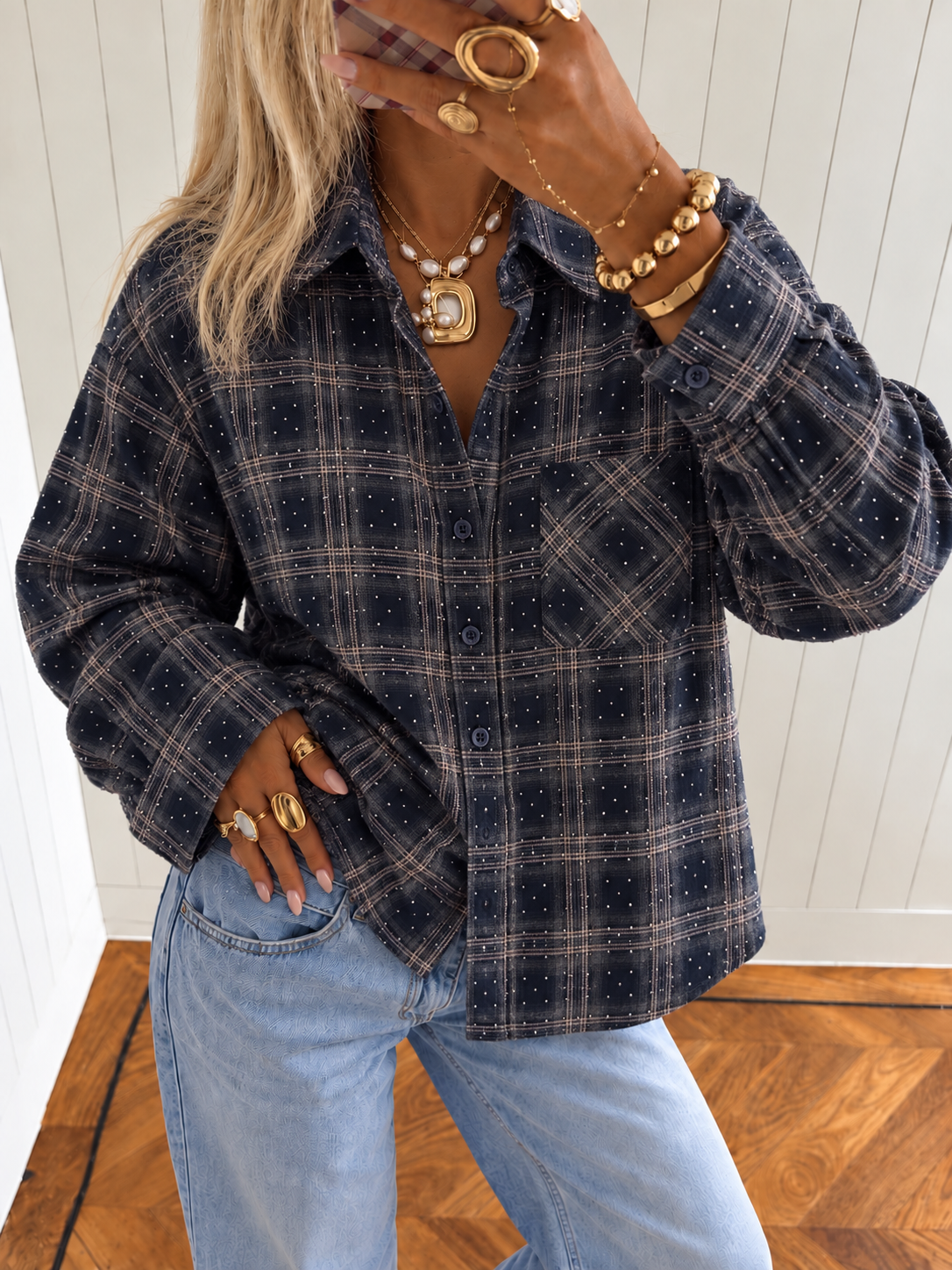 STELLA Glitter Check Blouse (Navy)