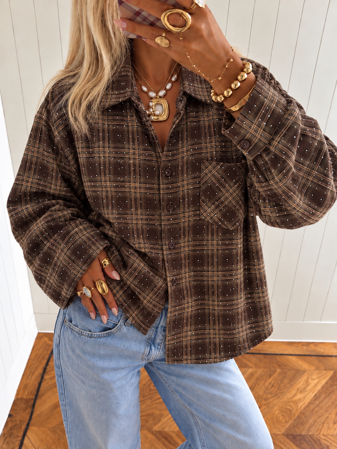 STELLA Glitter Check Blouse (Brown)