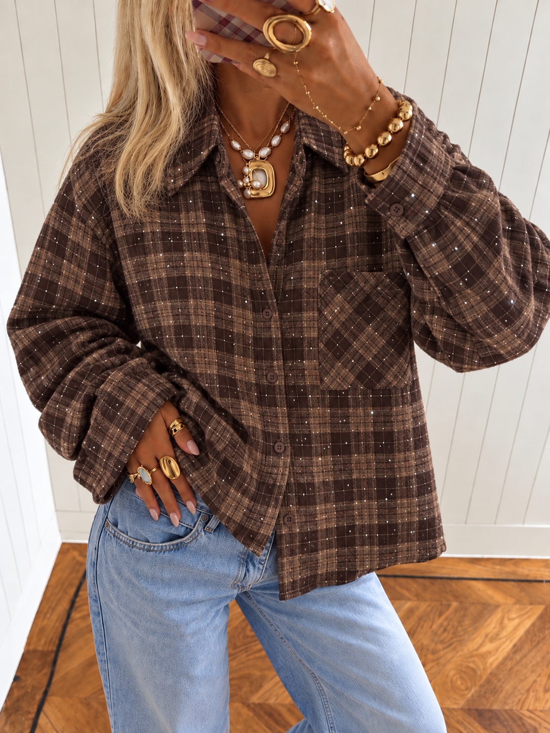 BELLA Check Glitter Blouse (Brown)