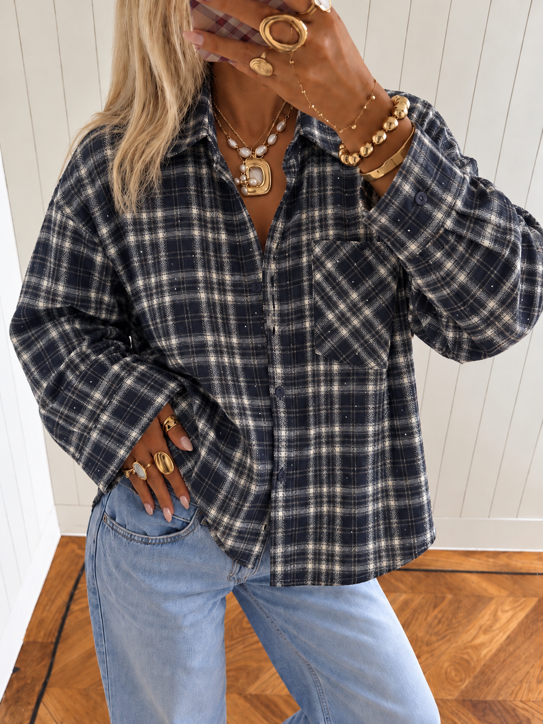MILOU Check Glitter Blouse (Navy)
