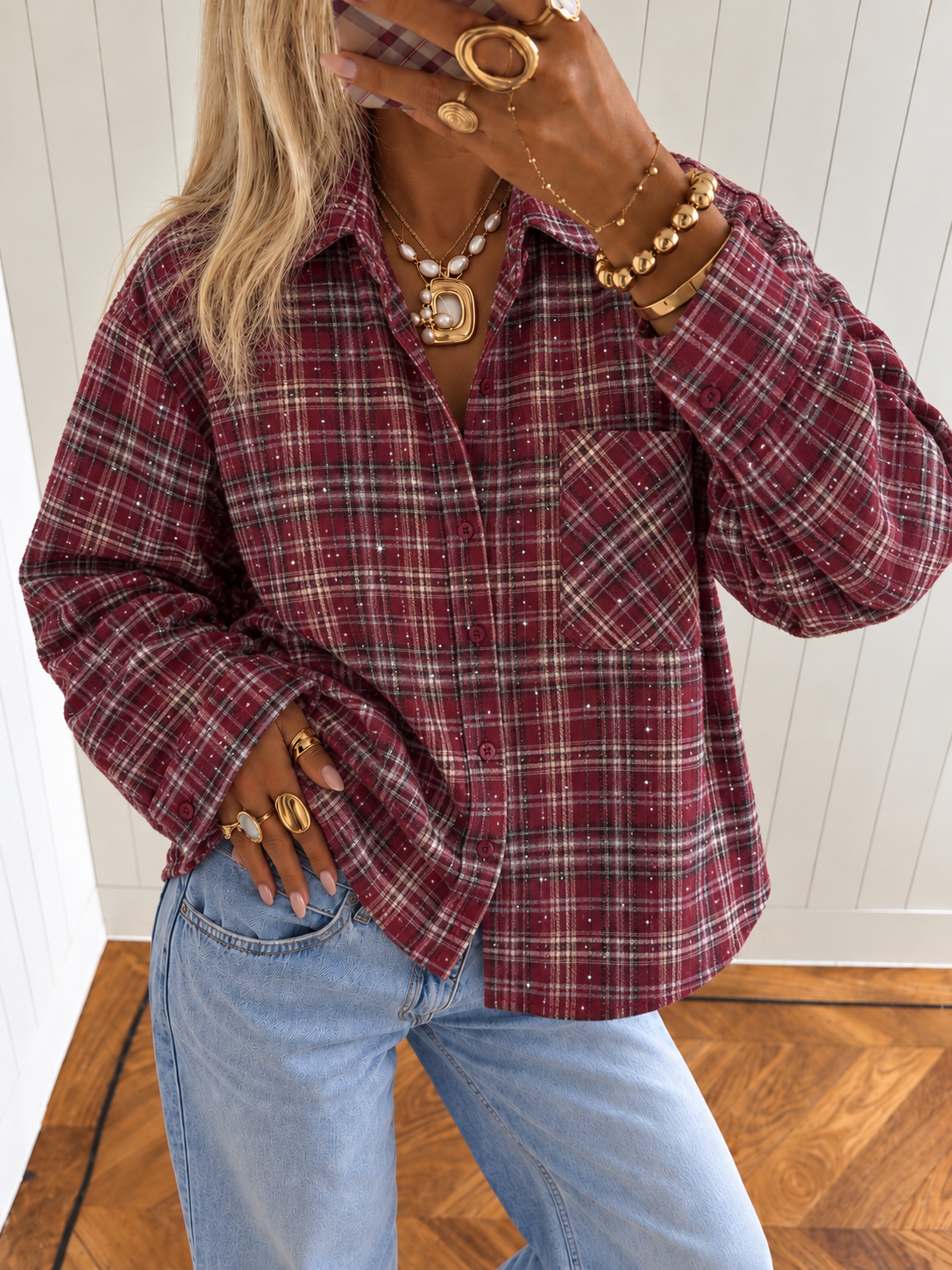 ETOILE Glitter Check Blouse (Bordeaux)