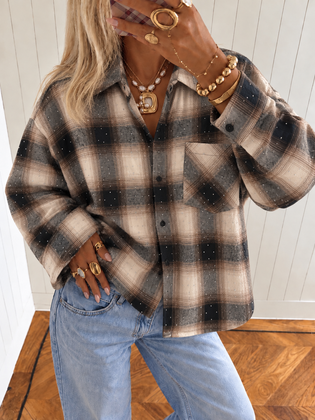 ELORA Glitter Check Blouse (Brown)