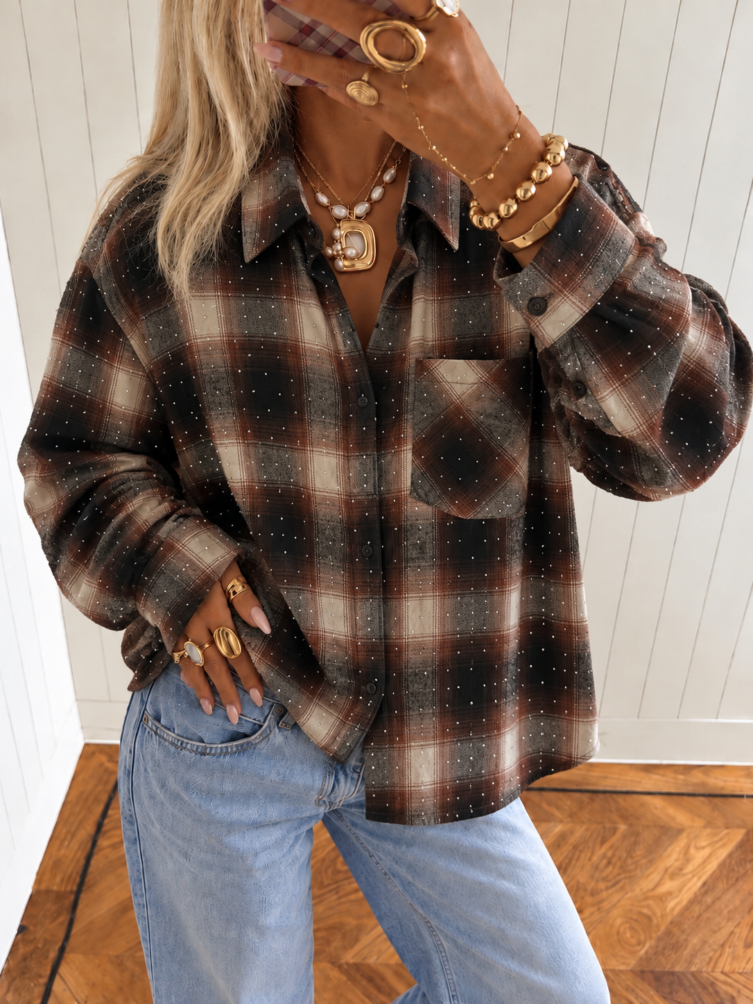 ELORA Glitter Check Blouse (Bordeaux)