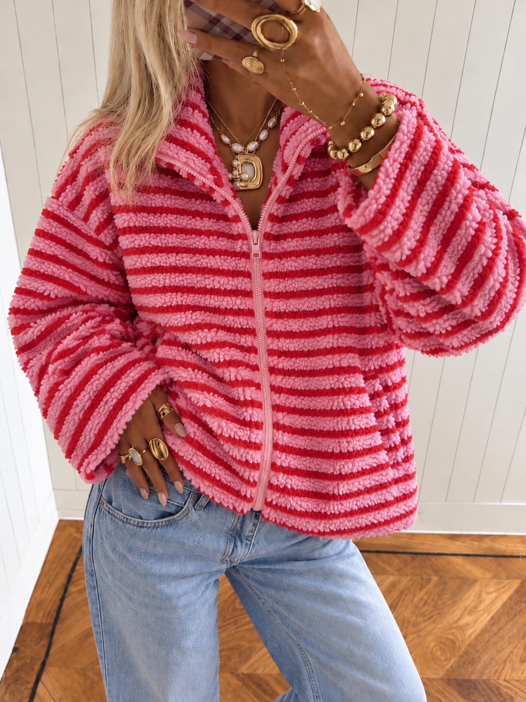 LUNA Stripes Teddy Jacket (Pink/Red)