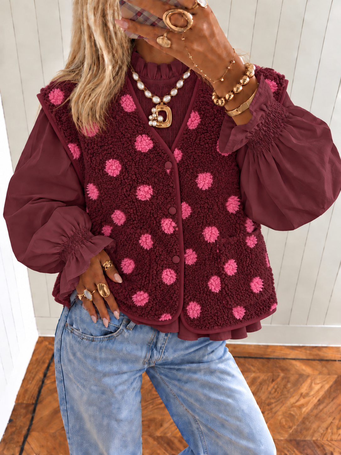 TEDDY Polkadot Bodywarmer (Bordeaux/Pink)