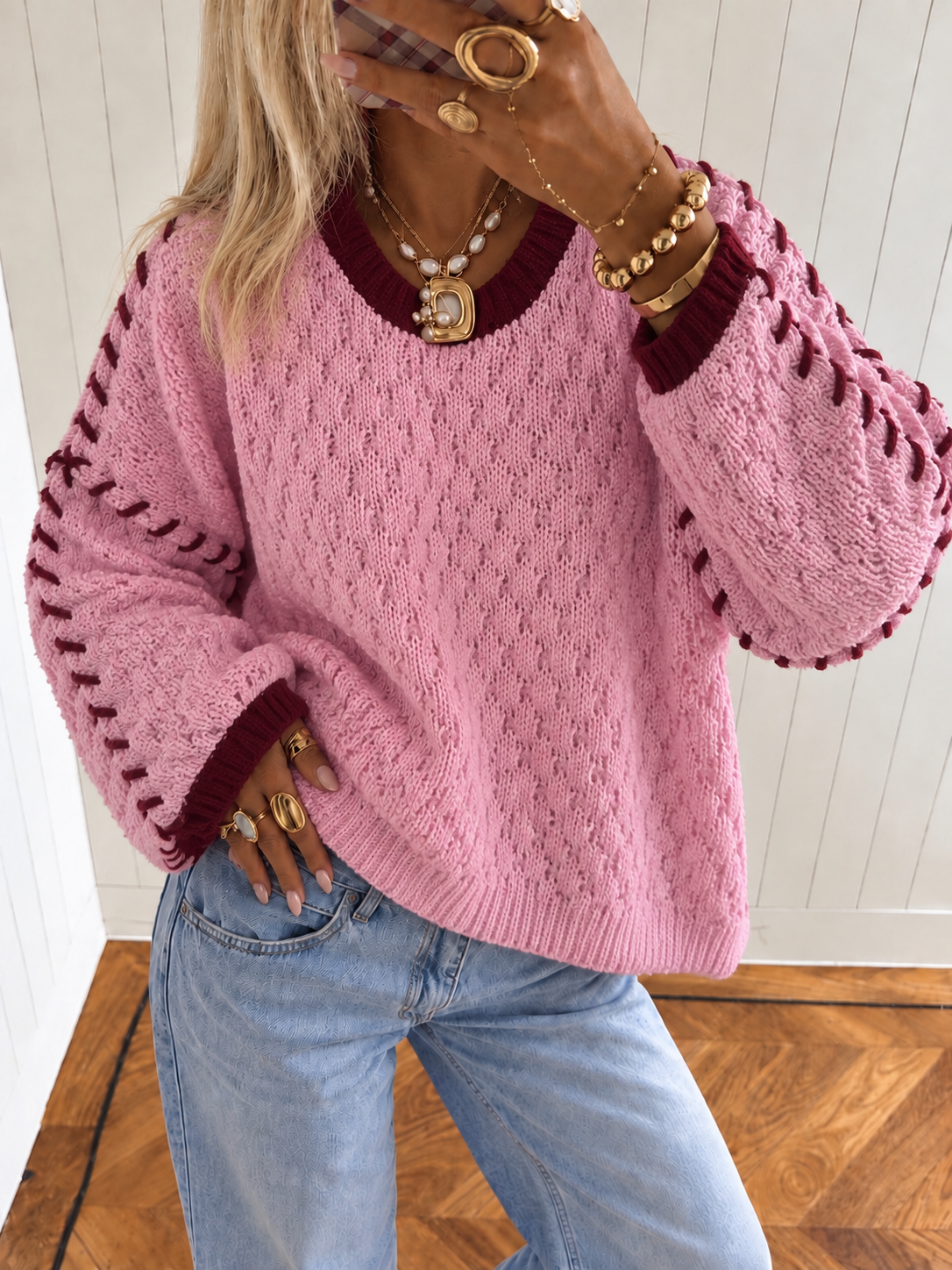 CHAY Knit Pullover (Pink/Bordeaux)