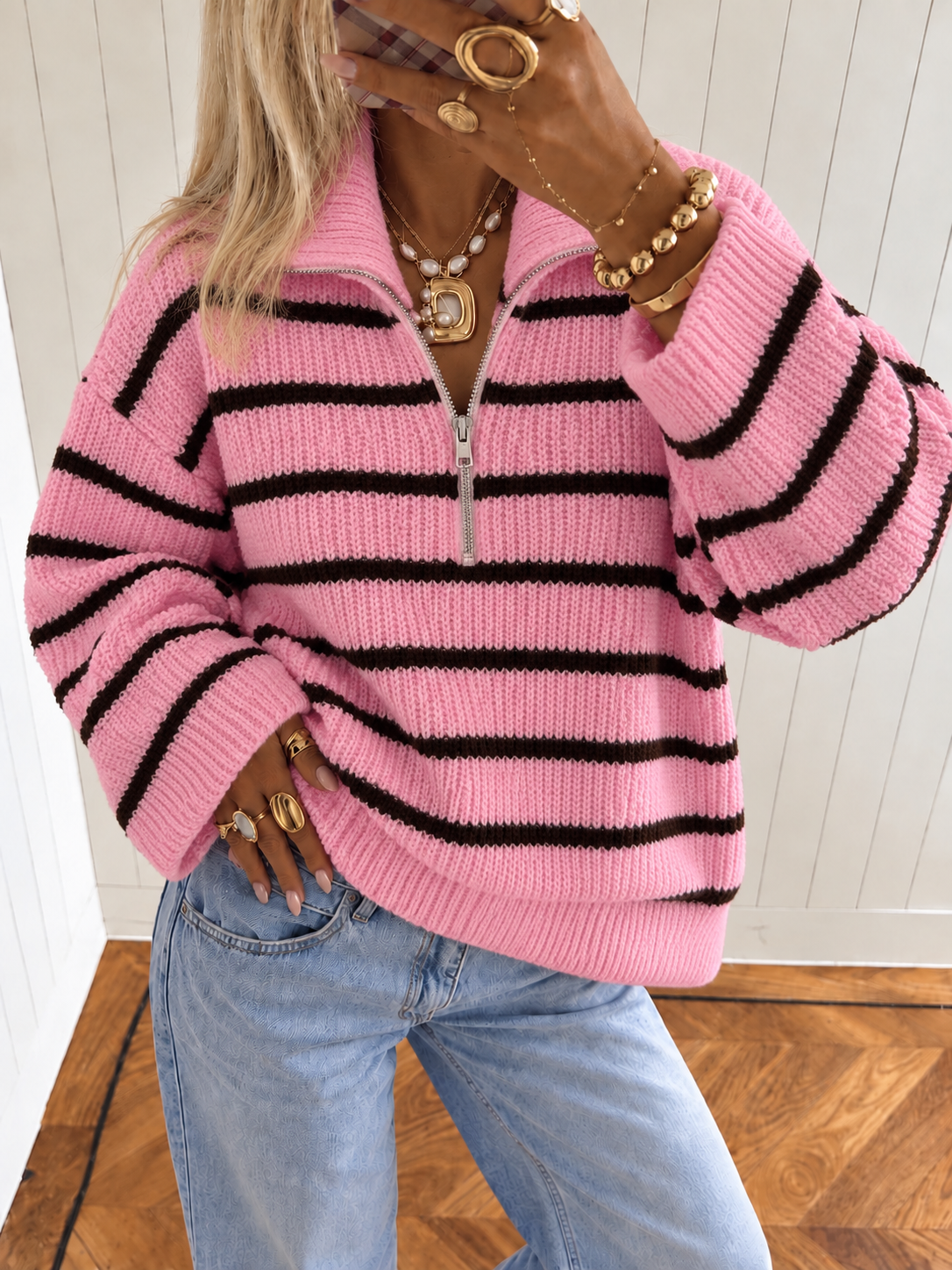 NINA Knit Zip Pullover (Pink/Brown)