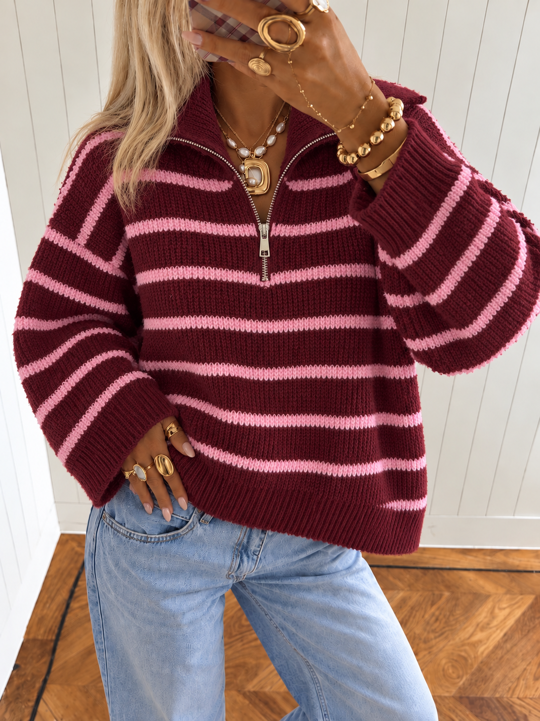 NINA Knit Zip Pullover (Bordeaux/Pink)