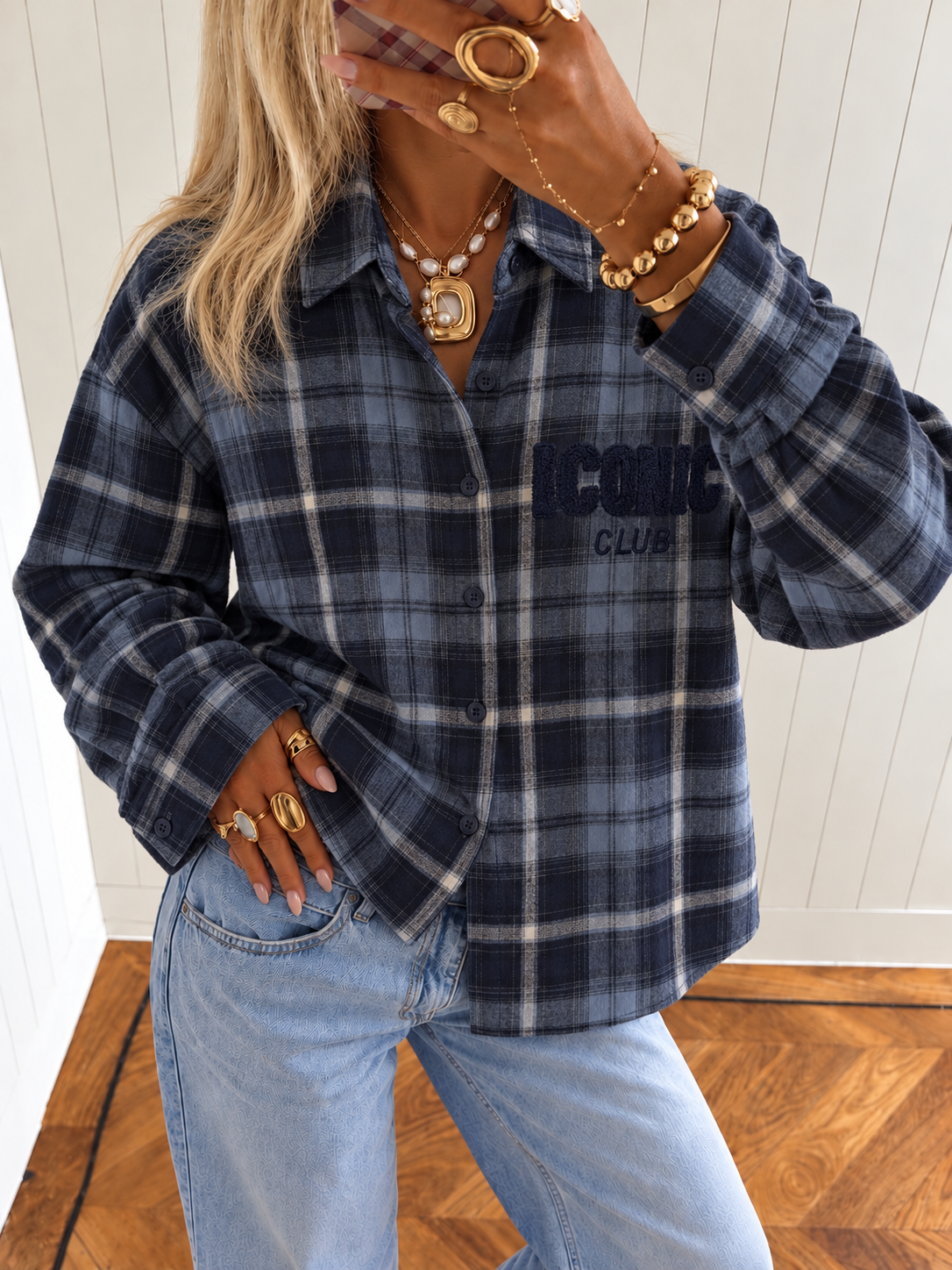 ICONIC CLUB Check Blouse (Navy)