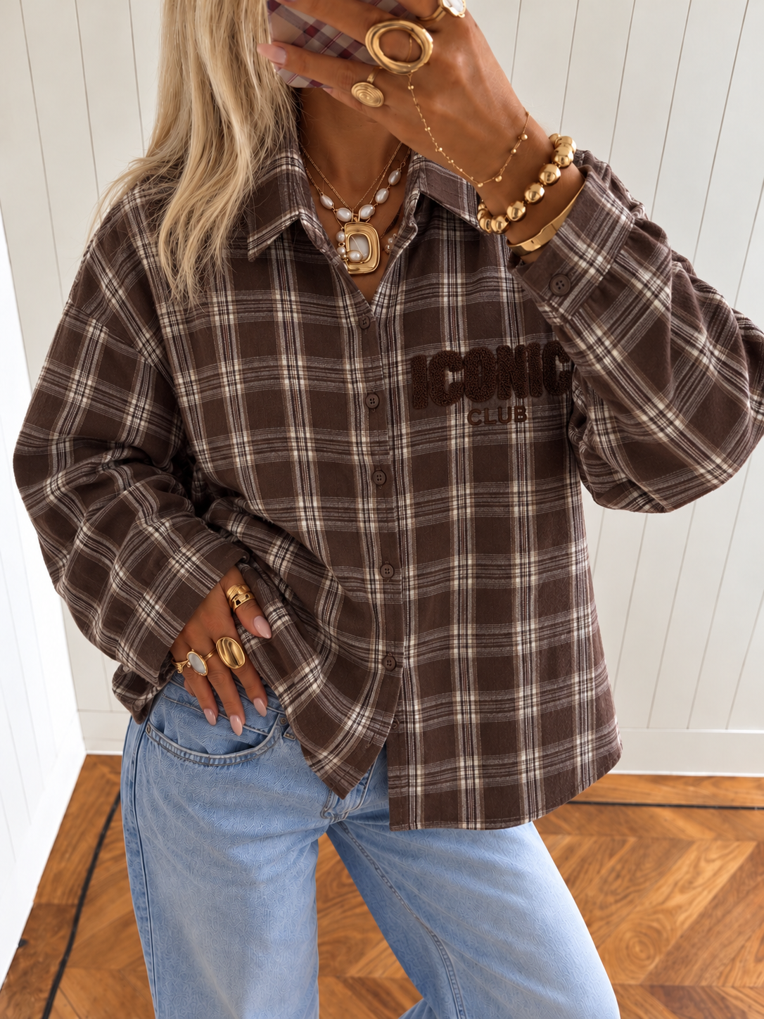 ICONIC CLUB Check Blouse (Brown)