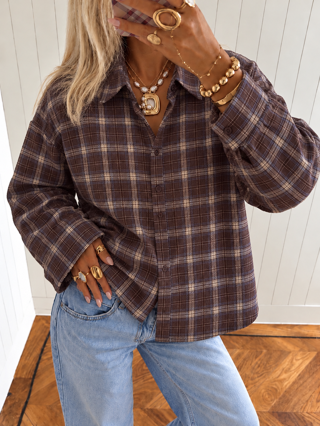 NEW YORK Check Blouse (Dark Brown)