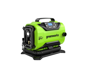 Greenworks Draagbare 24 V luchtcompressor, accu-bandenpomp, max. 160 psi, 2 stroombronnen, automatische uitschakeling, voor auto, fiets, motorfiets, luchtboot, met 2 Ah accu en oplader