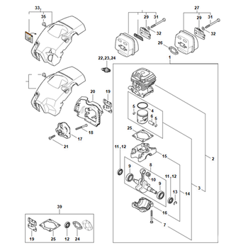 STIHL MS 212 Carter, Cilinder, Uitlaatdemper, Afdekkap - onderdelen STIHL MS 212 Carter, Cilinder, Uitlaatdemper, Afdekkap - onderdelen