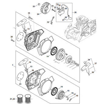 STIHL MS 212 Startmechanisme, ontstekingssysteem - onderdelen STIHL MS 212 Startmechanisme, ontstekingssysteem - onderdelen