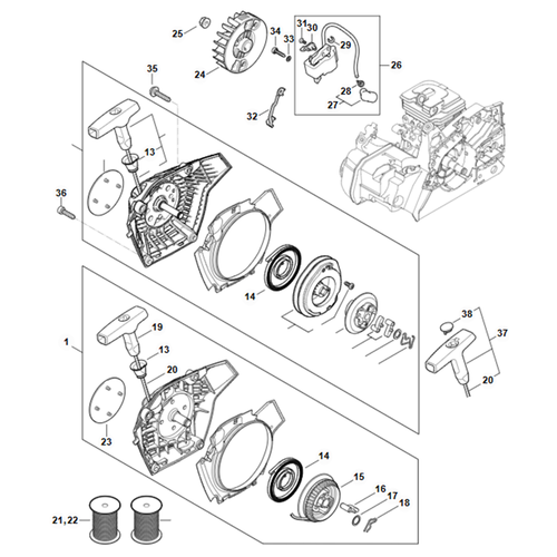 STIHL MS 212 Startmechanisme, ontstekingssysteem - onderdelen STIHL STIHL MS 212 Startmechanisme, ontstekingssysteem - onderdelen