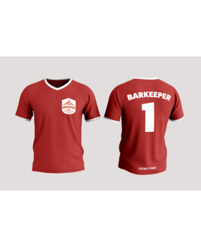 Proact Sportshirt V-Hals kleur rood incl. bedrukking op de voorzijde en grote bedrukking op de achterzijde.