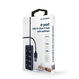 Gembird USB splitter naar 4 (USB 3.1) poorten (type -A) hub met on/of schakelaar