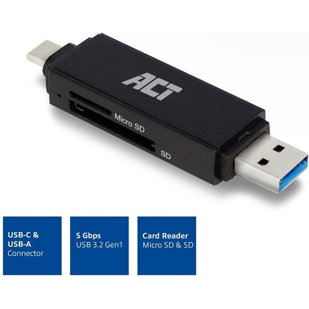 ACT USB 3.2 Card Reader SD/Micro SD USB-C Or USB-A Black