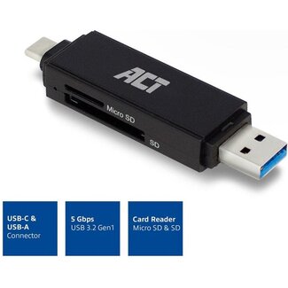 1 jaar Garantie- ACT USB 3.2 Card Reader SD/Micro SD USB-C Or USB-A Black 1 jaar Garantie- ACT USB 3.2 Card Reader SD/Micro SD USB-C Or USB-A Black
