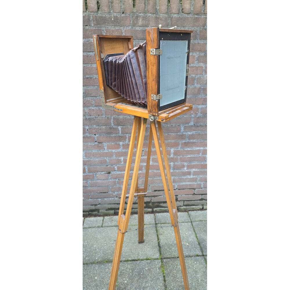 Antieke Houten Straatbord Camera Complete Set met Statief nr. 2659
