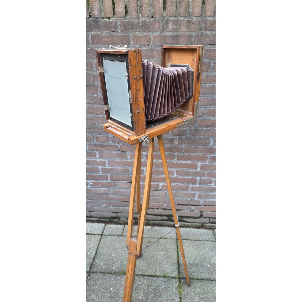 Antieke Houten Straatbord Camera Complete Set met Statief nr. 2659