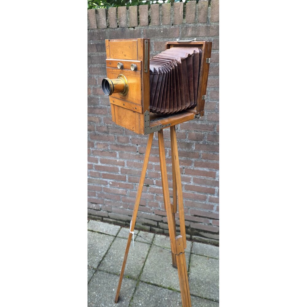 Antieke Houten Straatbord Camera Complete Set met Statief nr. 2659