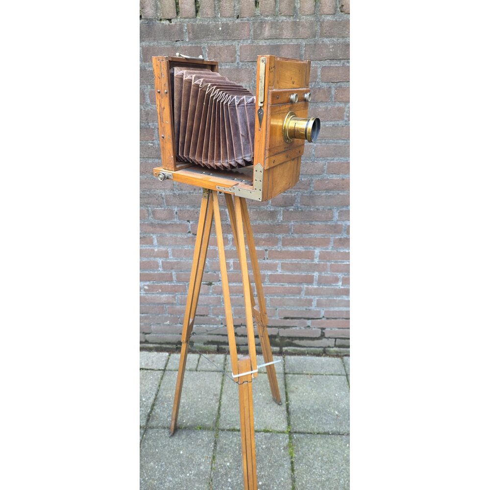 Antieke Houten Straatbord Camera Complete Set met Statief nr. 2659