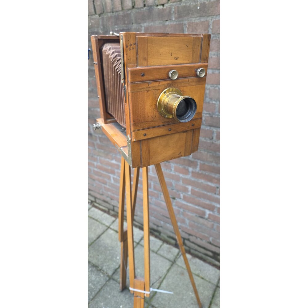 Antieke Houten Straatbord Camera Complete Set met Statief nr. 2659