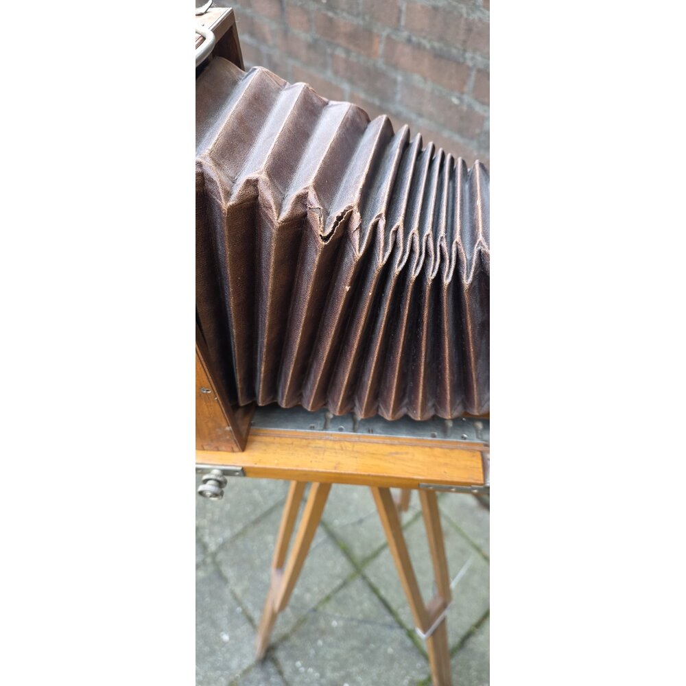 Antieke Houten Straatbord Camera Complete Set met Statief nr. 2659