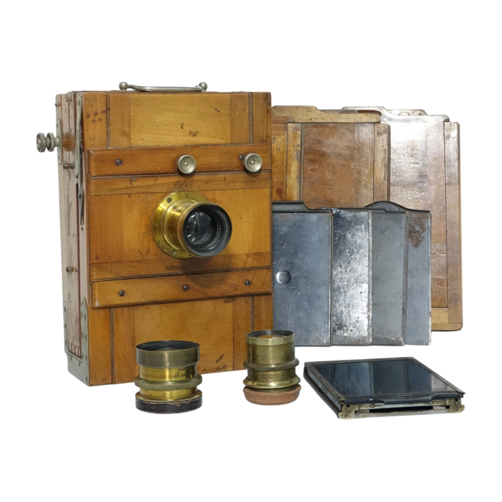 Antieke Houten Straatbord Camera Complete Set met Statief nr. 2659