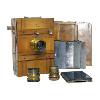 Antieke Houten Straatbord Camera Complete Set nr. 2659 met Statief