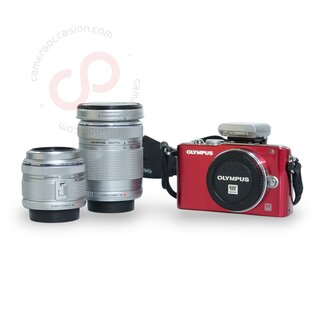 1 jaar Garantie- Olympus PEN E-PL3 rood + lenzen + flitser nr. 2192