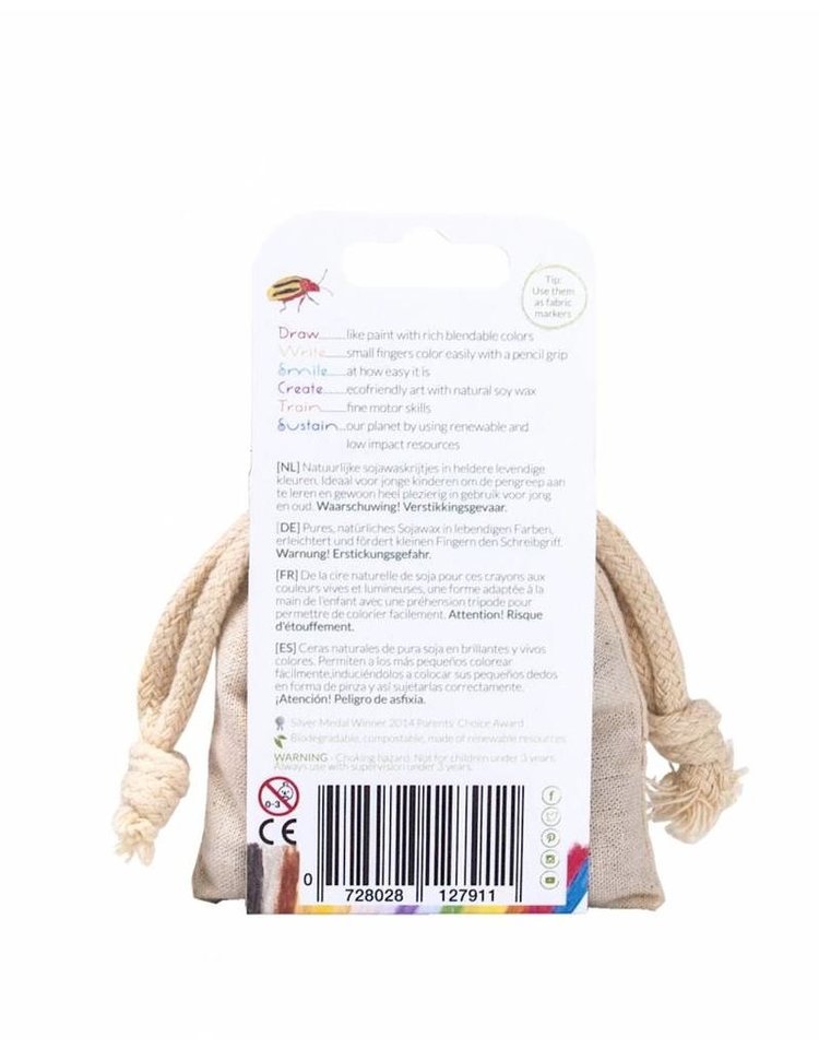 Crayon Rocks  Crayon rocks - 8 krijtjes van sojawas in primaire kleuren geleverd in een ecru katoenen zakje