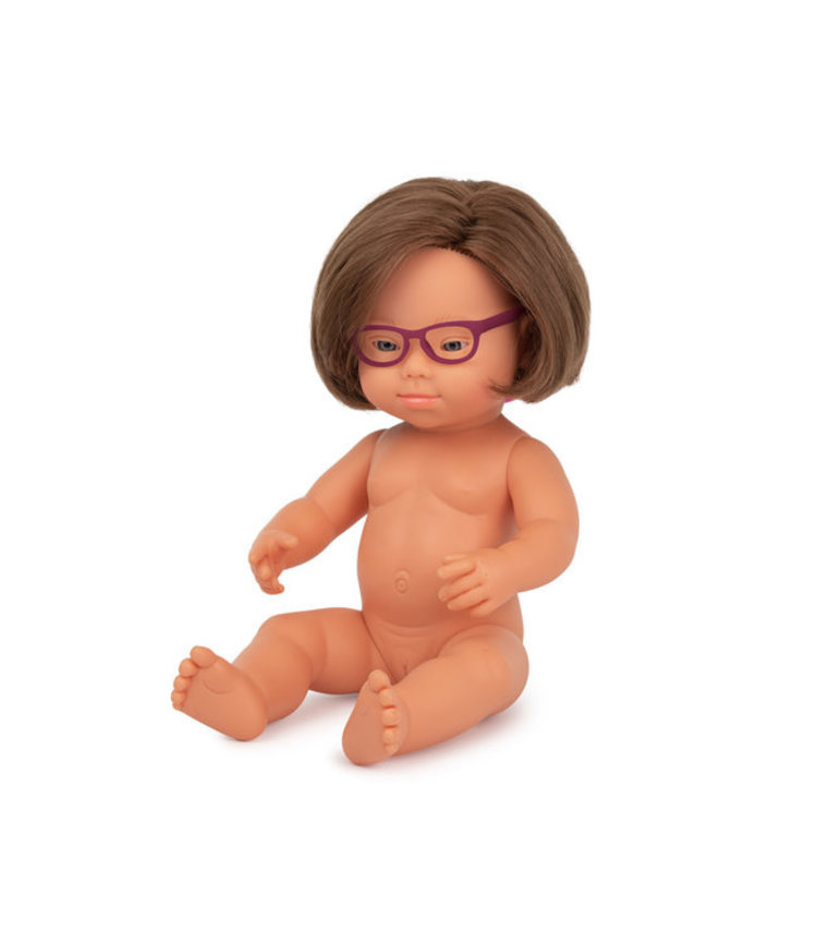 Miniland pop - Europees meisje met Downsyndroom en bril  - 38 cm