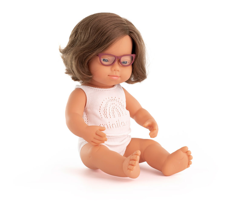Miniland pop - Europees meisje met Downsyndroom en bril  - 38 cm
