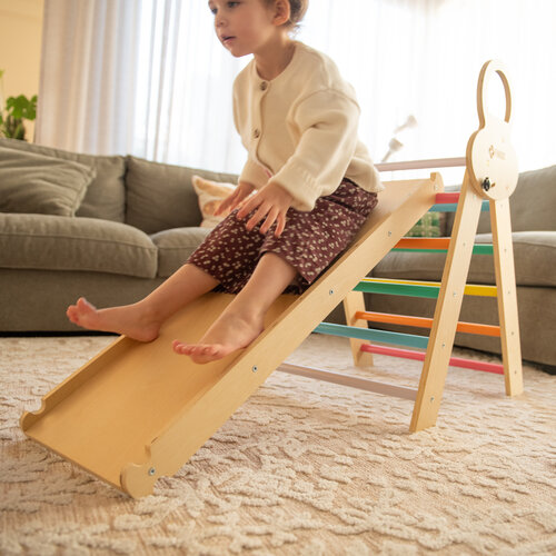 FINOOS FINOOS Klimrek - Klimdriehoek - Klimboog - Glijbaan - Montessori - Houten Speelgoed - incl. kussen en Xylofoon Regenboog