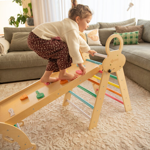 FINOOS FINOOS Klimrek - Klimdriehoek - Klimboog - Glijbaan - Montessori - Houten Speelgoed - incl. kussen en Xylofoon Regenboog