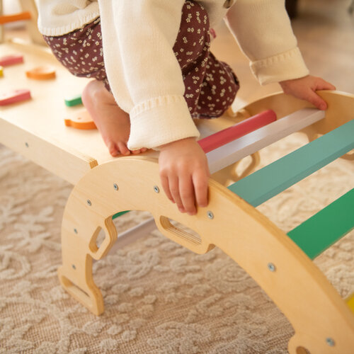 FINOOS FINOOS Klimrek - Klimdriehoek - Klimboog - Glijbaan - Montessori - Houten Speelgoed - incl. kussen en Xylofoon Regenboog