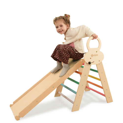 FINOOS FINOOS Klimrek - Klimdriehoek - Klimboog - Glijbaan - Montessori - Houten Speelgoed - incl. kussen en Xylofoon Regenboog