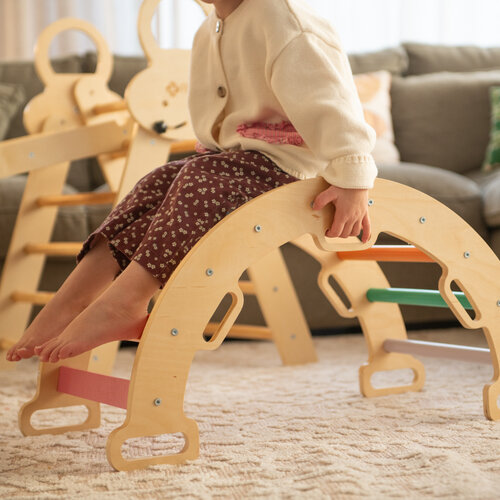 FINOOS FINOOS Klimrek - Klimdriehoek - Klimboog - Glijbaan - Montessori - Houten Speelgoed - incl. kussen en Xylofoon Regenboog