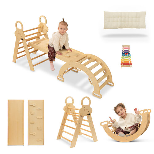 FINOOS FINOOS Klimrek - Klimdriehoek - Klimboog - Glijbaan - Montessori - Houten Speelgoed - incl. kussen en Xylofoon Naturel