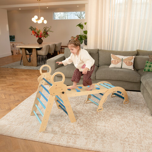 FINOOS FINOOS Klimrek - Klimdriehoek - Klimboog - Glijbaan - Montessori - Houten Speelgoed - incl. kussen en Xylofoon Blauw FINOOS FINOOS Klimrek - Klimdriehoek - Klimboog - Glijbaan - Montessori - Houten Speelgoed - incl. kussen en Xylofoon Blauw