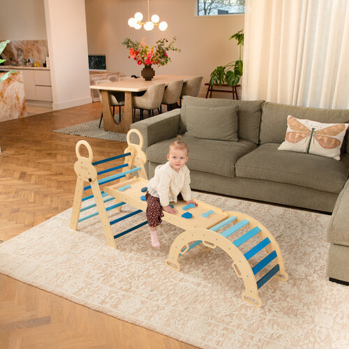 FINOOS FINOOS Klimrek - Klimdriehoek - Klimboog - Glijbaan - Montessori - Houten Speelgoed - incl. kussen en Xylofoon Blauw FINOOS FINOOS Klimrek - Klimdriehoek - Klimboog - Glijbaan - Montessori - Houten Speelgoed - incl. kussen en Xylofoon Blauw
