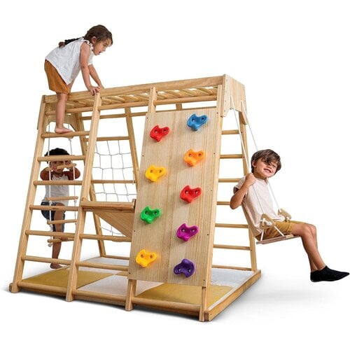 FINOOS FINOOS 7-in-1 Multifunctioneel houten klimrek - Glijbaan - Pikler - Montessori -  Houten Speelgym