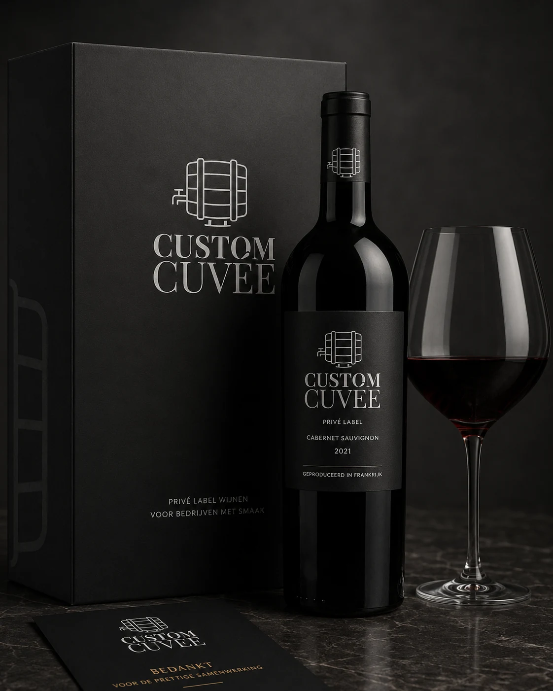 Custom Cuvée zakelijke geschenken met private-label wijn, verpakking en glazen