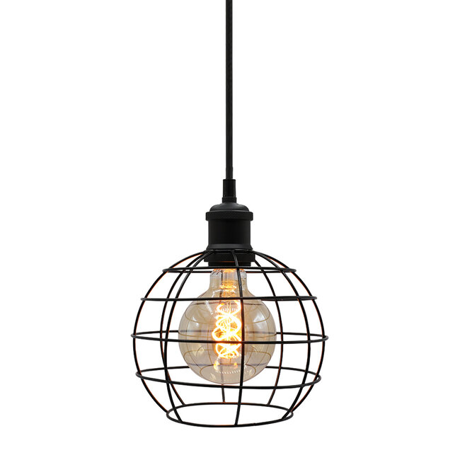 Industrial pendant lamp Hugo in matte-black open cage frame