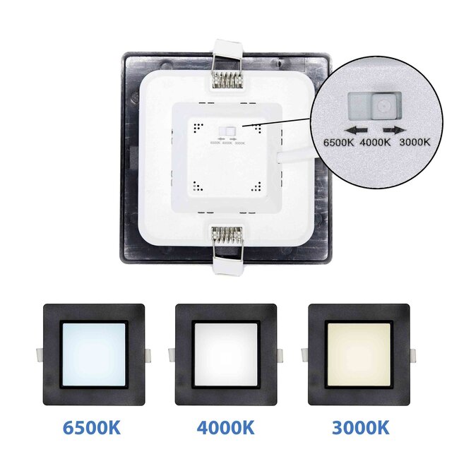 Square LED downlight 6W adjustable colour temperature - 120 x 120mm black