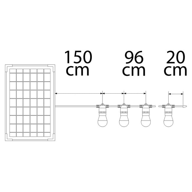 Solar string lights 20 metres with 20 double filament bulbs, 10W solar panel