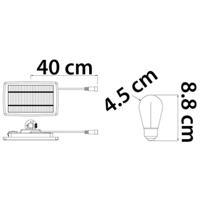 Solar string lights 15 metres, 15 bulbs with hanging lamp holders and 3W solar panel